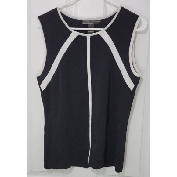 Linda Matthews Large Knit Sleeveless Top Black with White Trim - Picture 3 of 5